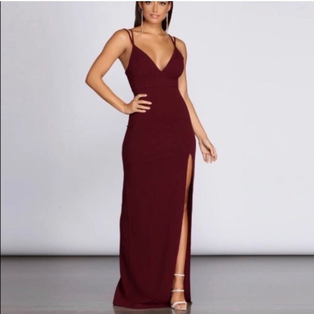 Burgundy long formal dress with high slit